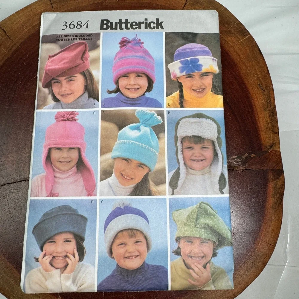 Butterick 3684 Childrens Hat Sewing Pattern Multi Size Beanie Beret Trapper Easy